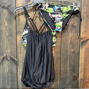 2 Piece Tankini Swim Suit M Black Floral Tropical Tummy Cover 2pc. Full Coverage